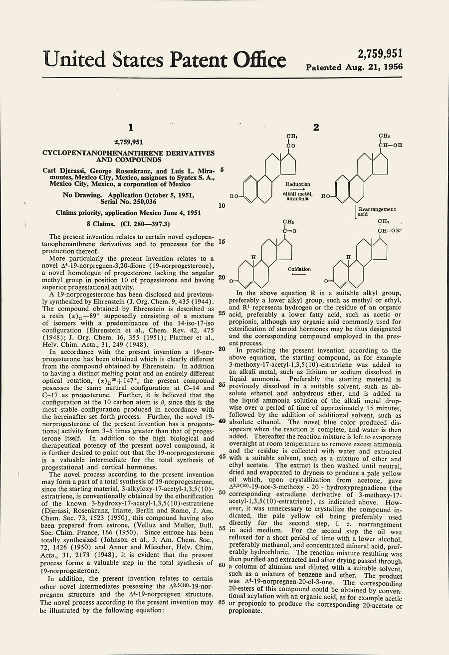 US patent specification 2,759,951, first page — Carl Djerassi, George Rosenkranz and Luis L. Miramontes, Syntex S.A., “Cyclopentanophenanthrene Derivatives and Compounds”, filed 5 October 1951, patented 21 August 1956